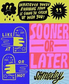 some type of poster with different colors and designs on it, including the words'something or