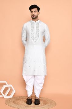 `Grey straight kurta with ditsy floral mirror and thread embroidery. Paired with solid cream patiyala. - Aza Fashions Traditional Silver Kurta With Traditional Drape, Silver Kurta With Resham Embroidery For Diwali, Traditional Silver Kurta With Resham Embroidery, Silver Traditional Wear With Chikankari Embroidery, Silver Kurta With Resham Embroidery For Festivals, Traditional Silver Salwar Kameez For Diwali, Festive Silver Kurta With Resham Embroidery, Unstitched Silver Kurta With Resham Embroidery, Silver Bollywood Kurta With Mirror Work