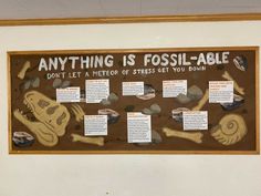 a bulletin board with information about fossil - able animals and their names on the wall