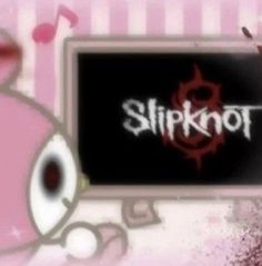 a pink cartoon character holding a sign with the word slipknot written on it