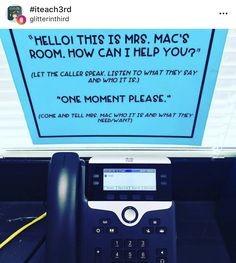 an old phone sitting in front of a sign that says, hello this is mrs mac's room how can i help you?