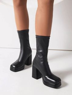 Style:Elegant \nClosure Type:Slip on \nType:Sock Boots \nSize Fit:True To Size \nColor:Black \nPattern Type:Plain \nToe:Square Toe \nHeel Height:High Heel \nHeels:Chunky \nBoots Height Type:Mid Calf Boots \nUpper Material:PU Leather \nLining Material:Polyester \nInsole Material:Polyester \nOutsole Material:Rubber \n Strap High Heels, Platform Heels Boots, Black And White Baby, Boots Square Toe, Chunky Heel Pumps, Party Heels, Ankle Strap High Heels, Sock Boots, Stil Elegant