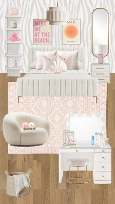 a bedroom with zebra print wallpaper and white furniture