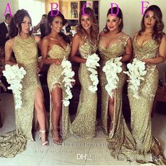 the bridesmaids are wearing gold sequins and flower bouquets in their dresses