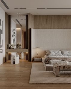 a modern bedroom with wood flooring and large bed in the center, surrounded by white walls