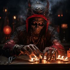 a man dressed as a demon with his hands on a table surrounded by lit candles