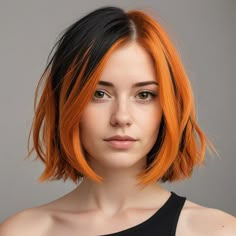 Want some alternative hair color ideas? Why not dye your black hair a shock of orange? These are some ideas for colorful hair that are perfect for summer. Two Colors Hair Ideas, Split Dye With Highlights, Coloured Bob Hair, Orange And Black Hair Color, Half Ginger Half Brown Hair, Hair Color Blocking Ideas, Colorful Bob Hair, Orange Tips Hair, Dyes Hair Ideas