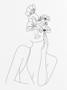 a line drawing of a woman holding flowers in her hair and looking at the camera