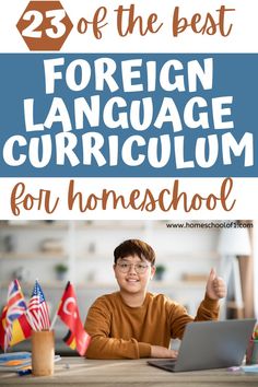 BOY WITH HIS THUMB UP WORKING ON A LAPTOP WITH DIFFERENT COUNTRY FLAGS LEARNING A FOREIGN LANGUAGE. Homeschool Advice, Speaking Activities, Bilingual Education