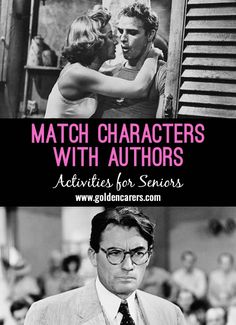 the cover of match characters with authors activities for seniors, featuring an image of a man and woman