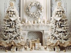 two decorated christmas trees in front of a fireplace