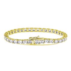 Stunning, timeless and classy assher cut tennis bracelet. This brilliant tennis bracelet is filled with rich, high quality white asscher-cut cubic zirconia gemstones, hand set in the trendiest, yet classy, prong setting. Each stone is set in Suzy Levian's signature high polished 925 yellow gold plated sterling silver. Every single bracelet is man made, making it a unique masterpiece. Surprise someone special in your life with this luxurious tennis bracelet. Suzy Levian guarantees the use of only Levian Jewelry, Single Bracelet, Gemstone Brooch, Cubic Zirconia Bracelet, Cubic Zirconia Necklace, Cubic Zirconia Jewelry, Asscher Cut, Jewelry Rings Diamond, Cubic Zirconia Earrings