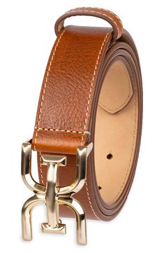 A logo-shaped buckle adds polish to this sleek leather belt that will complement your sophisticated style. 1 1/4" belt width Leather/polyurethane Imported Brown Workwear Belt Buckle With Closure, Gold Belts With Buckle Closure For Business, Leather Belts With Buckle Closure For Office, Leather Belt With Buckle Closure For Office, Leather Belt Buckles With Belt For Office, Chic Brown Belt Buckles For Business, Leather Belt With Buckle For Workwear, Leather Belt With Buckle Closure For Work, Modern Brown Belts For Office Wear