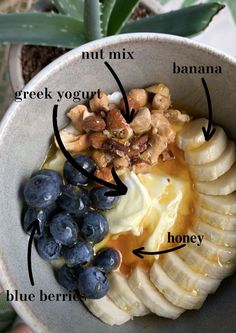 a bowl filled with bananas, blueberries and nuts