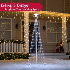 a lighted christmas tree in front of a house with the words, colorful design brighten your holiday spirit