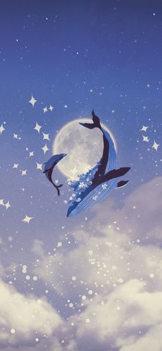 two dolphins are swimming in the ocean under a full moon and stars filled night sky