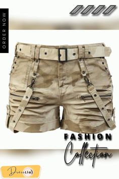 Womens Casual Printed Shorts Trendy Khaki Shorts With Belt Loops, Khaki High-waisted Shorts With Belt Loops, Summer Khaki Shorts With Belt Loops, Fitted Khaki Short Bottoms, Fitted Khaki Short Pants, Khaki Fitted Shorts, Khaki Pants With Belt Loops Short Length, Khaki Pants With Belt Loops And Short Length, Fitted Khaki Shorts