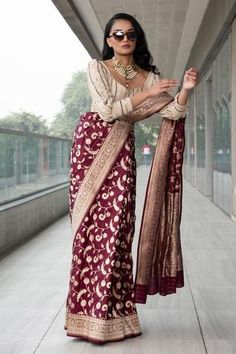 Shop for Neha and Tarun Maroon Pure Katan Silk Saree With Blouse for Women Online at Aza Fashions Banarasi Saree Blouse Design Back, Banarasi Sari, Indian Outfits Lehenga, Indian Saree Blouse, Indian Saree Blouses Designs, Embroidered Belt, Indian Fashion Saree, Salwar Kamiz, Designer Saree Blouse Patterns