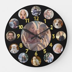 a black clock with many pictures of people and their dogs on it's face