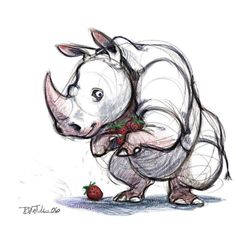 a drawing of a rhino eating a strawberry