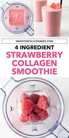 strawberry collagen smoothie in a blender with strawberries and ice cream