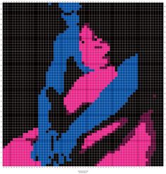 a blue and pink cross stitch pattern on black