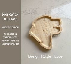 a wooden tray with an image of a dog's head on it and the words design style i love