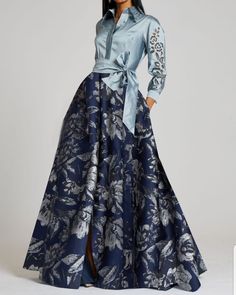 Brocade Shirt, Wedding Evening Dress, Formal Occasion Dress, Floral Printing, Mode Boho, Blue Evening Dresses, Maxi Dress Navy