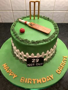 a green birthday cake with a cricket bat and ball on it