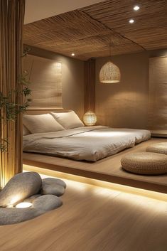 a large bed sitting in the middle of a bedroom next to a bamboo plant on top of a wooden floor