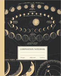 the composition notebook is shown in black and white, with an image of planets on it