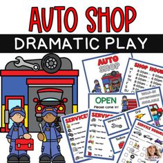 an auto shop dramatic play with pictures and text