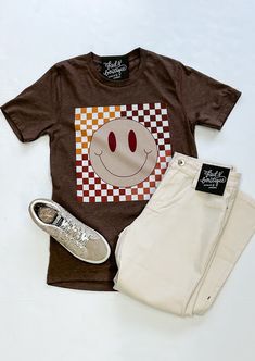 Checkered Smiley Tee - Short Sleeve *ALL STEALS AND DEALS ARE FINAL SALE- No Returns or Exchanges Brown short sleeve t-shirt Fall checkered smiley graphic DTG printed on Bella canvas tee Fit is true to size Smiley Graphic, Red Checkered, Brown Shorts, Bella Canvas Tees, Dream Life, Smiley, Bella Canvas, Final Sale, Graphic Tees