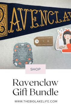 the ravenclaw gift bundle is on display in front of a white background with gold lettering