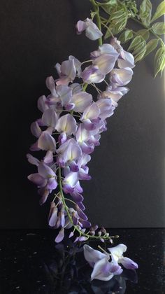 purple and white flowers in a vase on a black counter top with water droplets around the stems