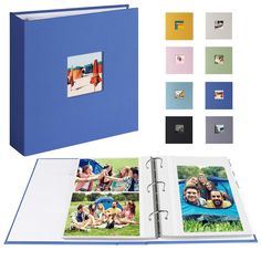 an open photo album with multiple photos on the cover and various color options to choose from