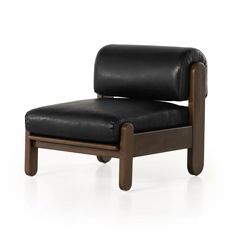 a black leather chair with wooden legs and armrests on an isolated white background