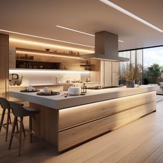 a modern kitchen with an island counter and bar stools in front of large windows