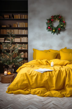 turmeric duvet cover christmas bedding Linen Fiber, Turmeric Yellow, Christmas Duvet Cover, Christmas Duvet, Sleep Sanctuary, Christmas Bedding, Linen Duvet Cover, Christmas Linen, Nature Friendly