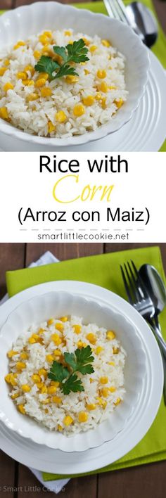 rice with corn is served on a white plate