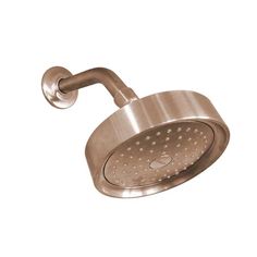 an overhead shower head with the handle extended to it's right side, on a white background