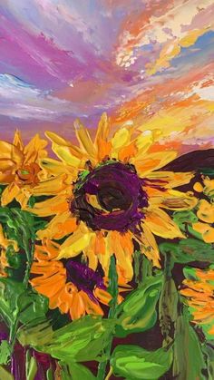 an oil painting of sunflowers in a field with purple, yellow and orange colors