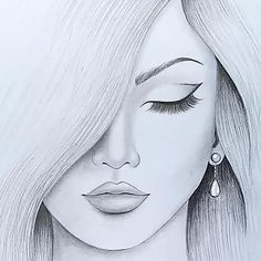 a drawing of a woman's face with long hair and earrings on her ear