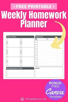 the free printable weekly homework planner is shown in pink and white with an image of a