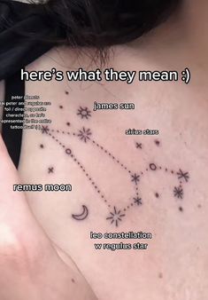 the back of a woman's chest with stars and moon tattoos on it, which reads here's what they mean