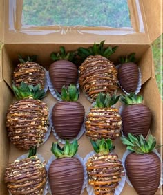 chocolate covered strawberries are in a box on the grass, ready to be eaten