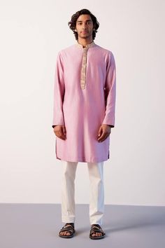 Lilac kurta in silk chanderi base with zari embroidery around the neckline and inseam pockets on both sides. Paired with an ivory lycra slim pant. - Aza Fashions Plain Purple, Chanderi Kurta, Eid Party, Zari Embroidery, Diana Penty, Luxury Sale, Purple Silk, Fashion App, Band Collar