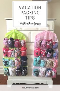 a white bench topped with lots of bags filled with clothes and toys next to a sign that says vacation packing tips for the whole family