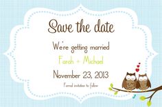 save the date card with two owls sitting on a branch