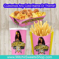 two pink cups filled with different types of food and the words, customize any color name or theme